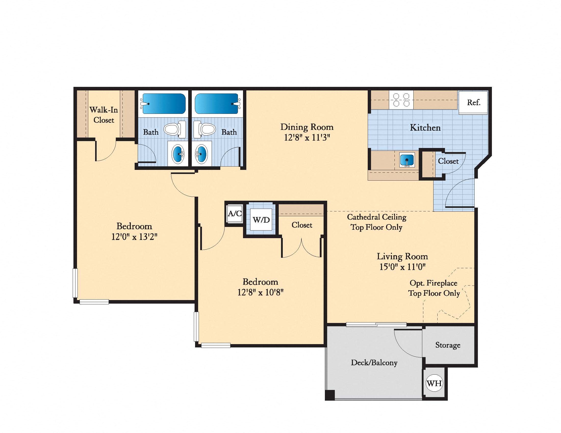 Floor plan for 2 beds, 2 baths, 1010 sqft